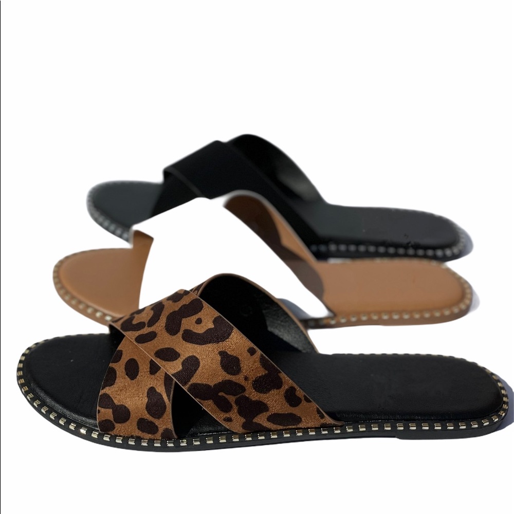 Leopard Print X Band Studded Slide Flat Sandals - Picture 5 of 9